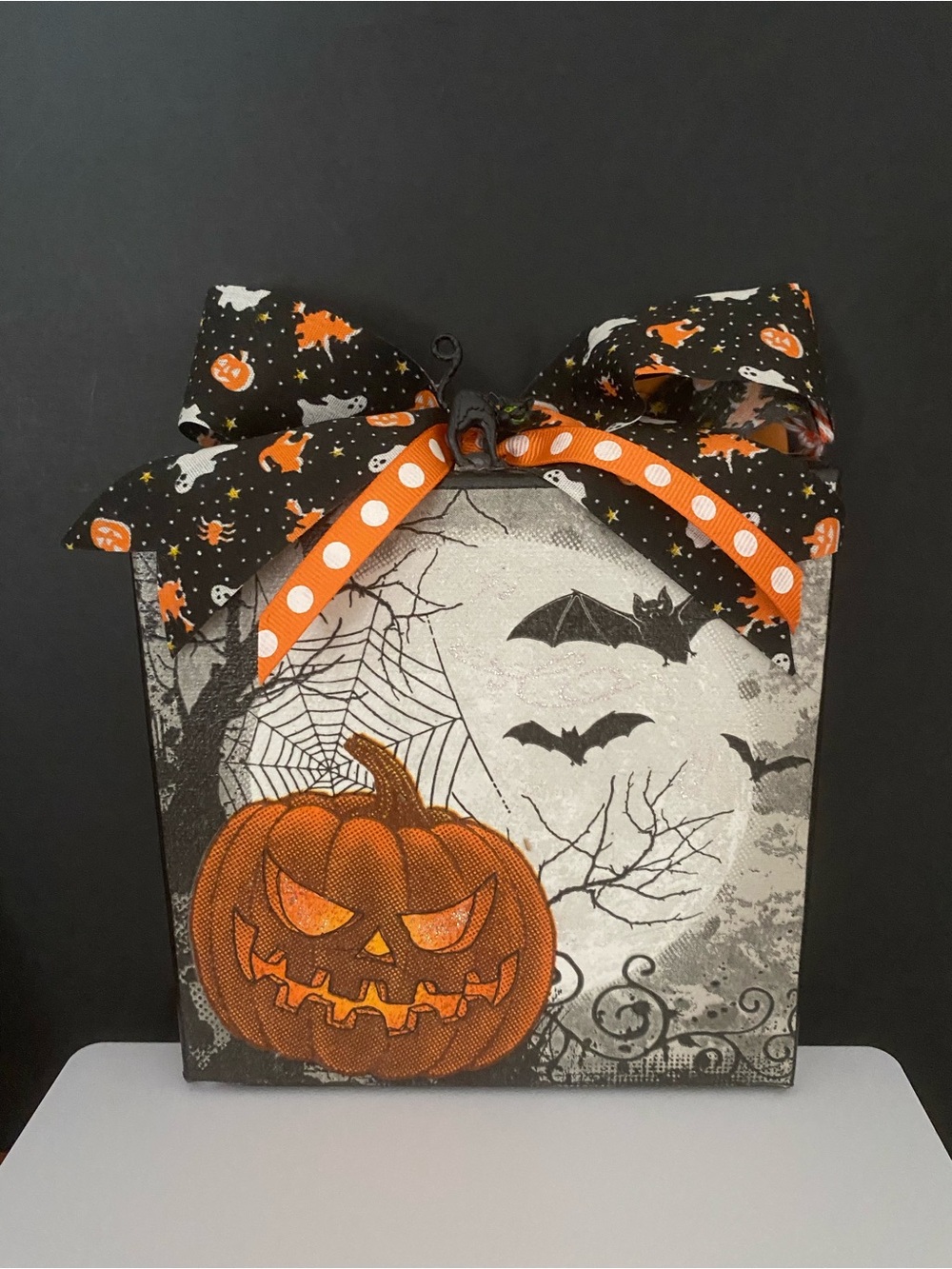 Halloween Pumpkin chunky canvas sitter with Decorative Bow — Black & Orange